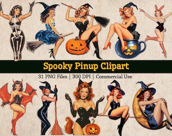 Vintage Halloween pin-up Clipart rétro des années 50 femmes Bundle image effrayante saison des années 1950 sorcière vintage PNG coupe difficile milieu du siècle en téléchargement numérique