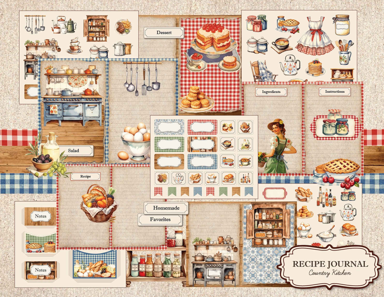 Country Kitchen Recipe Junk Journal Kit, Fussy Cut, Vintage Scrapbook ...