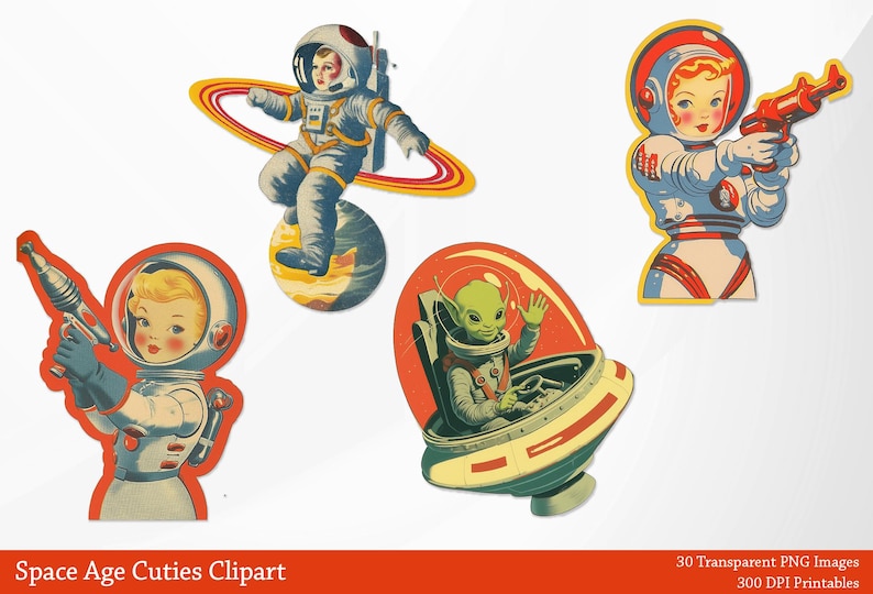 May include: A collection of vintage-style space-themed clipart featuring astronauts and an alien. The illustrations include a child astronaut floating on a planet, an astronaut with a ray gun, and an alien in a spaceship. The text "Space Age Cuties Clipart" is at the bottom.