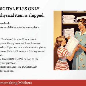 May include: A vintage illustration of two women folding white towels in a linen closet. The text "DIGITAL FILES ONLY No physical item is shipped." is at the top of the image. The text "Vintage Homemaking Mothers 23 PNG Images 300 DPI Printables" is at the bottom of the image.