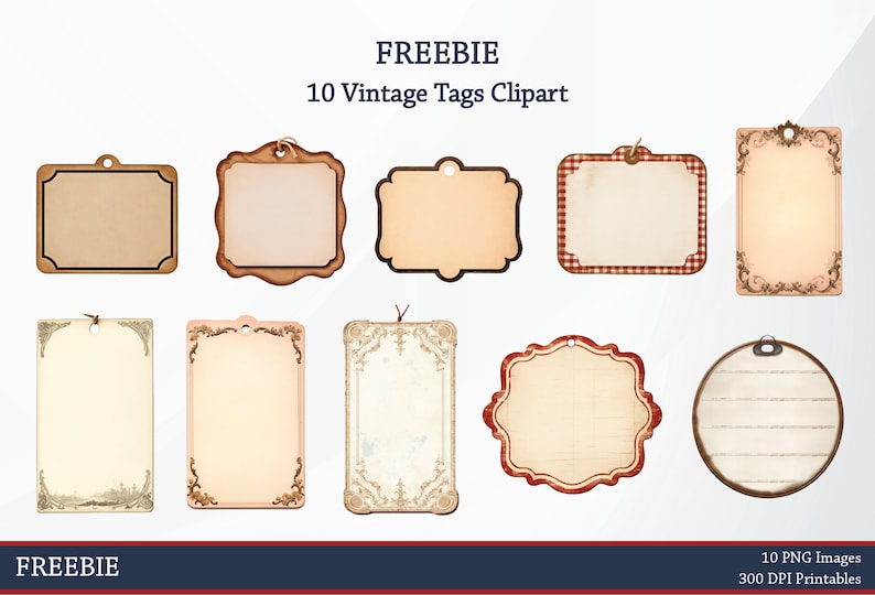 May include: A collection of ten vintage tag clip art images. Each tag has a unique shape and design, with a variety of colors including beige, brown, and red. Some tags feature decorative borders and patterns, while others have a simple, clean design. The text "FREEBIE" is at the top and bottom.