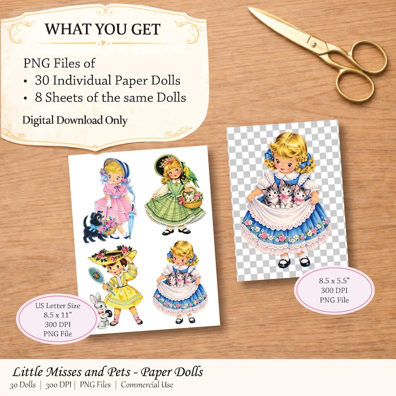 Spring Paper Dolls Little Miss Spring Paper Dolls With Pets, Vintage 1950s Retro Clipart ...