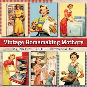 Pacchetto di immagini vintage delle madri casalinghe degli anni '50, PNG stampabile retrò casalinga degli anni '50, Clipart di pulizie casalinghe, collage di diario spazzatura