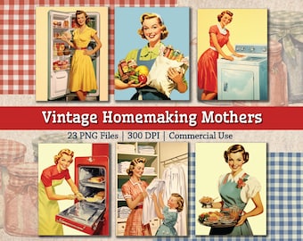 Vintage 1950s Mothers Homemakers Image Bundle, Printable Retro 1950s Housewife PNG, Housekeeping Homemaking Clipart, Junk Journal Collage