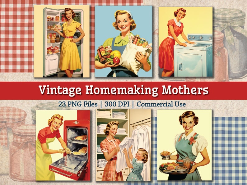 May include: A set of 23 vintage illustrations of mothers doing housework. The illustrations are in a retro style and feature women in dresses and aprons. The illustrations include images of women cooking, cleaning, and doing laundry. The illustrations are perfect for scrapbooking, card making, and other craft projects.