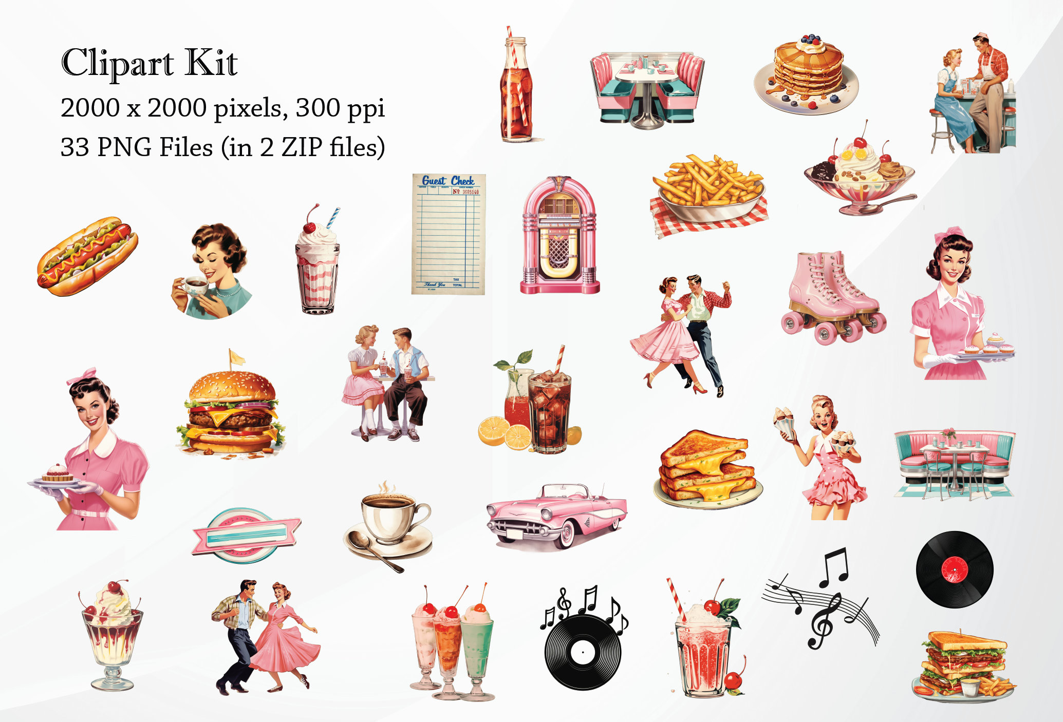 レトロダイナーのジャンクジャーナルとクリップアートキット、ソーダ