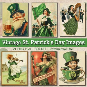 May include: A collection of vintage St. Patrick's Day images featuring illustrations of people in traditional Irish clothing, including a leprechaun holding a pint of beer, a woman playing a harp, and a woman in a green dress holding a shamrock. The images are in a retro style and are perfect for adding a touch of Irish charm to your projects.