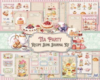 Tea Party Recipe Junk Journal Kit, Shabby Chic Fussy Cut, Vintage Scrapbook Bundle, Journal Supplies Ephemera, Printable Pages, Recipe Cards