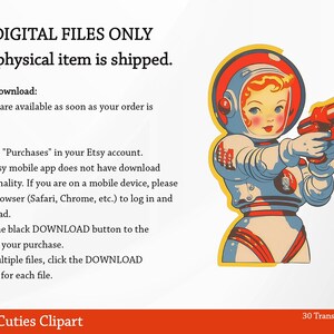 May include: A vintage-style illustration of a space-suited figure holding a red ray gun. The figure has fair skin, red hair, and is wearing a white and blue spacesuit with a red helmet. Text at the top reads "DIGITAL FILES ONLY". The bottom text says "Space Age Cuties Clipart".