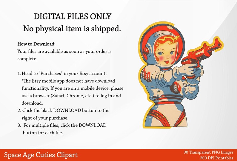 May include: A vintage-style illustration of a space-suited figure holding a red ray gun. The figure has fair skin, red hair, and is wearing a white and blue spacesuit with a red helmet. Text at the top reads "DIGITAL FILES ONLY". The bottom text says "Space Age Cuties Clipart".