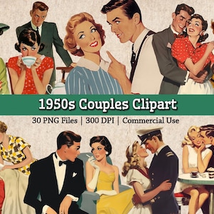 Pacote de imagens de casais vintage dos anos 1950, PNG para impressão de donas de casa retrô dos anos 1950, clipart de casais românticos, marido e mulher, colagem de diário de lixo