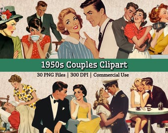 Vintage 1950s Couples Image Bundle, Printable Retro 1950s Ladies Housewife PNG, Romantic Couples Husband Wife Clipart Junk Journal Collage