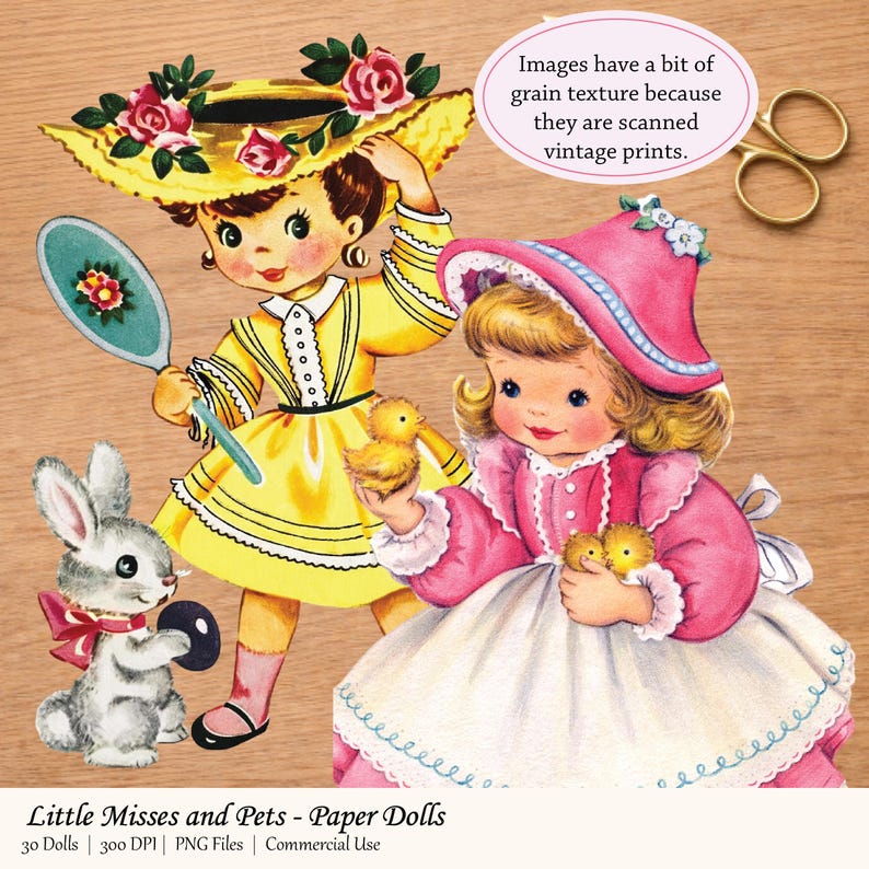 Spring Paper Dolls Little Miss Spring Paper Dolls With Pets, Vintage 1950s Retro Clipart ...
