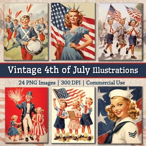 Lot d'images vintage du 4 juillet, fête de l'indépendance des États-Unis d'Amérique, des années 1950, des cliparts drapeau rétro des années 1950, graphiques imprimables Americana Junk Journal