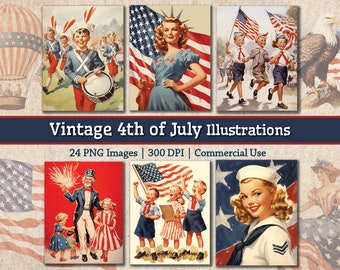 Vintage 4th Of July Independence Day USA America Image Bundle, 1950s Retro Flag Day Clipart, Printable Americana Junk Journal Graphics