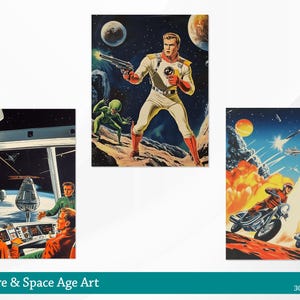 May include: A set of three vintage space-themed illustrations. The first image shows a spaceship interior with two astronauts looking out at a starry sky. The second image shows a man in a white space suit holding a gun and standing on a planet. The third image shows a man riding a motorcycle on a planet with a rocket ship in the background.