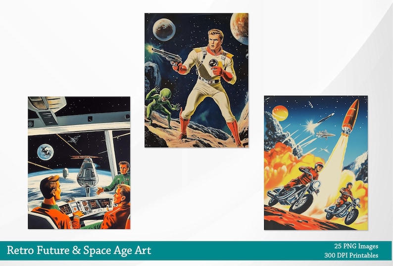 May include: A set of three vintage space-themed illustrations. The first image shows a spaceship interior with two astronauts looking out at a starry sky. The second image shows a man in a white space suit holding a gun and standing on a planet. The third image shows a man riding a motorcycle on a planet with a rocket ship in the background.