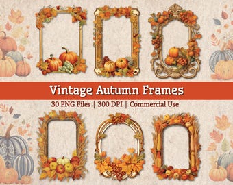 Vintage Thanksgiving cadres PNG Transparents, automne rétro cadres Clipart Bundle, automne cadres frontières graphiques Junk Journal Collage Scrapbook