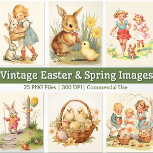 May include: A collection of vintage Easter and spring images featuring bunnies, chicks, children, and baskets of eggs. The images are in a cartoon style and are perfect for adding a touch of whimsy to your Easter crafts and projects.