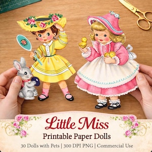Little Miss Paper Dolls with Pets, Cute Girls Dolls, Vintage 1950s Retro Clipart Dolls, Mid Century Sweet Girls, Digital Download Printable