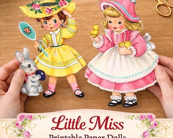 Little Miss Spring Paper Dolls with Pets, Vintage 1950s Retro Clipart Dolls, Mid Century Sweet Girls, Digital Download Printable
