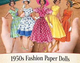 Muñecas de papel vintage de moda afroamericana para imprimir, muñecas de papel retro de los años 50, damas de moda de mediados de siglo, descarga digital