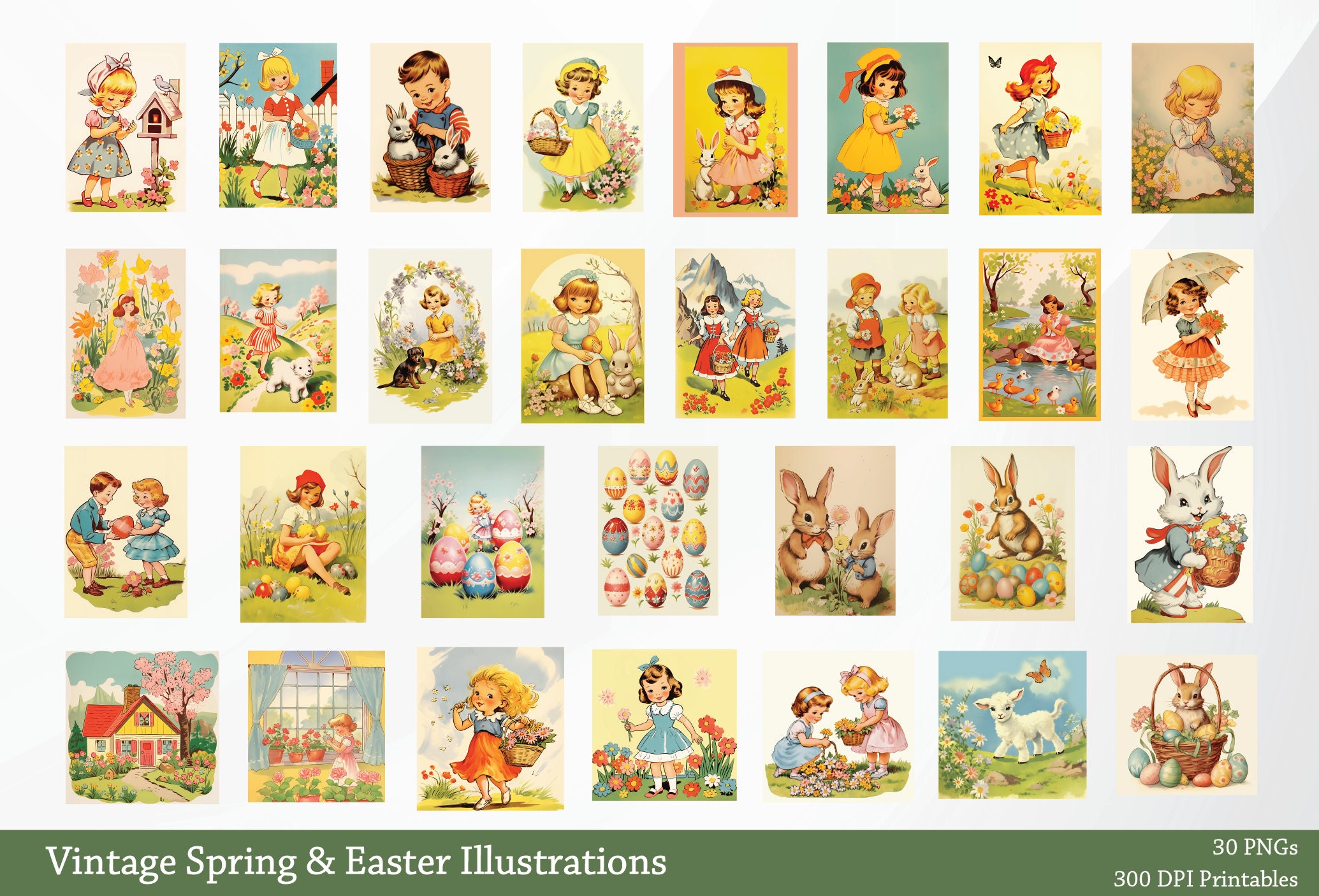 Retro Easter Spring 30 High-quality Vintage Easter Spring Illustrations Bundle, Easter ...