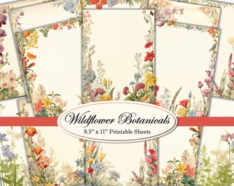 May include: A collection of printable sheets featuring watercolor illustrations of wildflowers. The sheets are 8.5" x 11" and have a cream-colored background with floral borders in various colors, including pink, yellow, and blue. The text "Wildflower Botanicals" is displayed.
