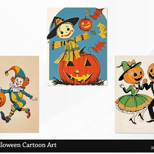 May include: Three vintage Halloween cartoon illustrations. A scarecrow with a pumpkin head, a clown holding a jack-o-lantern, and two pumpkins dressed as a couple.