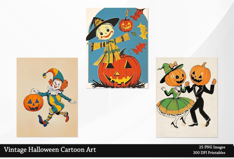 May include: Three vintage Halloween cartoon illustrations. A scarecrow with a pumpkin head, a clown holding a jack-o-lantern, and two pumpkins dressed as a couple.