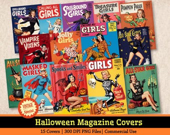 Couvertures de magazines féminins vintage, illustrations rétro d'Halloween (PNG), illustrations style pin-up des années 1950-1960