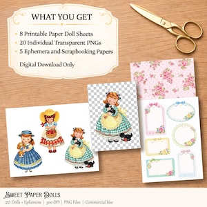 Puede incluir: Una colecci&oacute;n de hojas de mu&ntilde;ecas de papel imprimibles, PNG transparentes y ef&iacute;meras. La imagen incluye ilustraciones de mu&ntilde;ecas de papel vintage, papeles con motivos florales y etiquetas decorativas. El texto dice "WHAT YOU GET" y "SWEET PAPER DOLLS".