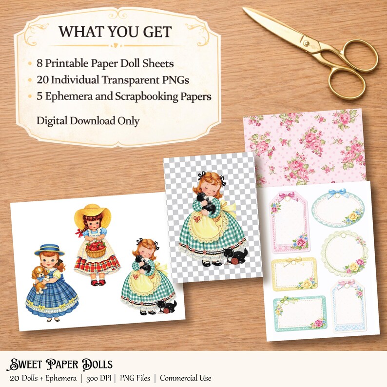 Puede incluir: Una colecci&oacute;n de hojas de mu&ntilde;ecas de papel imprimibles, PNG transparentes y ef&iacute;meras. La imagen incluye ilustraciones de mu&ntilde;ecas de papel vintage, papeles con motivos florales y etiquetas decorativas. El texto dice "WHAT YOU GET" y "SWEET PAPER DOLLS".