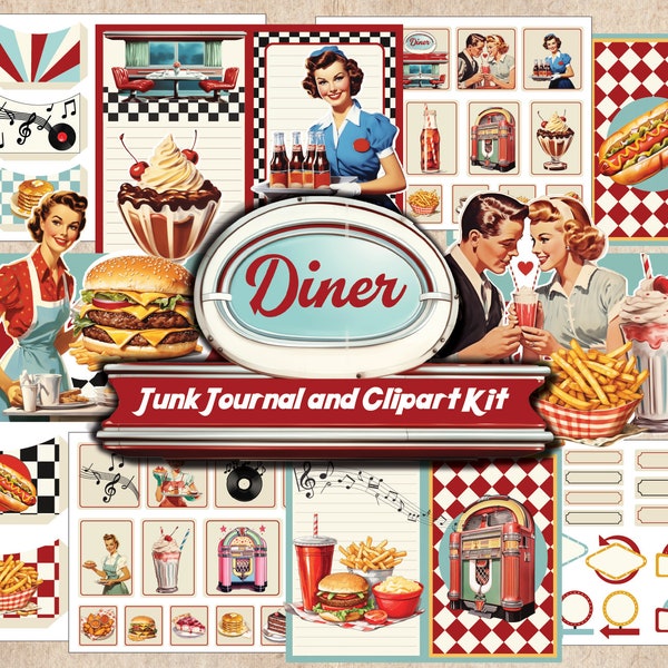 Retro Diner Junk Journal y Kit de imágenes prediseñadas, Vintage American Diner imprimible páginas efímeras, Diner Fussy Cut, camarera de comida rápida rústica de la década de 1950
