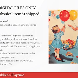 Puede incluir: Dos ni&ntilde;os, uno con un vestido azul y el otro con un vestido rosa, juegan con globos en una habitaci&oacute;n con juguetes. El texto "DIGITAL FILES ONLY No physical item is shipped." est&aacute; en la parte superior de la imagen. El texto "Vintage Children's Playtime" est&aacute; en la parte inferior de la imagen. El texto "21 PNG Images 300 DPI Printables" tambi&eacute;n est&aacute; en la parte inferior de la imagen.