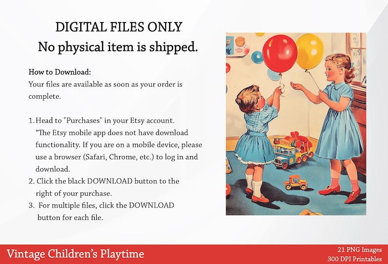 Puede incluir: Dos ni&ntilde;os, uno con un vestido azul y el otro con un vestido rosa, juegan con globos en una habitaci&oacute;n con juguetes. El texto "DIGITAL FILES ONLY No physical item is shipped." est&aacute; en la parte superior de la imagen. El texto "Vintage Children's Playtime" est&aacute; en la parte inferior de la imagen. El texto "21 PNG Images 300 DPI Printables" tambi&eacute;n est&aacute; en la parte inferior de la imagen.