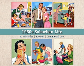 Illustrations vintage de la vie de banlieue des années 1950, couples et familles de femmes au foyer rétro, clipart PNG à imprimer et à télécharger gratuitement.