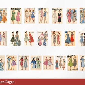 May include: A collection of 28 vintage fashion illustrations featuring women wearing dresses, skirts, and pants. The illustrations are in a retro style and are perfect for crafting, scrapbooking, or digital design projects. The images are 300 DPI and are available as PNG files.