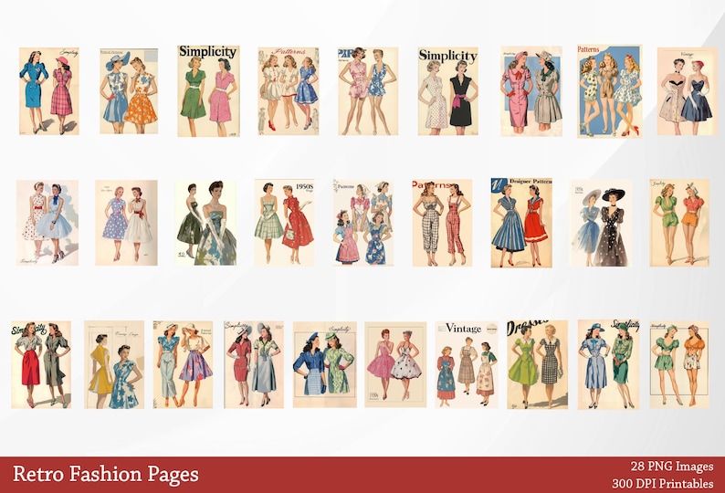 May include: A collection of 28 vintage fashion illustrations featuring women wearing dresses, skirts, and pants. The illustrations are in a retro style and are perfect for crafting, scrapbooking, or digital design projects. The images are 300 DPI and are available as PNG files.