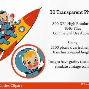 May include: A vintage-style digital clipart set featuring two babies in space suits riding a yellow and red rocket, holding ice cream cones. The image includes the text "Space Age Cuties Clipart" and details about the PNG files, including 8 inches in height.