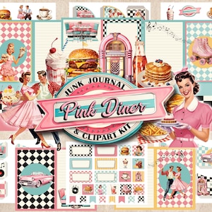 Kit de diário e clipart de lanchonete retrô, páginas imprimíveis de lanchonete americana, corte sofisticado de lanchonete vintage, jukebox dos anos 1950, rosa