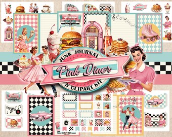 Retro Diner Junk Journal and Clipart Kit, Soda Shop American Diner Printable Pages Ephemera, Vintage Diner Fussy Cut, 1950s  jukebox, Pink