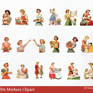 May include: A set of 23 vintage illustrations of mothers from the 1950s. The illustrations are in a retro style and depict mothers doing various household tasks, such as cooking, cleaning, sewing, and caring for children. The illustrations are in a variety of colors and are perfect for scrapbooking, card making, and other craft projects.