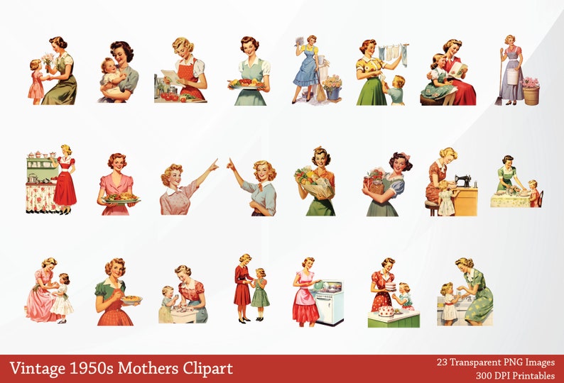 May include: A set of 23 vintage illustrations of mothers from the 1950s. The illustrations are in a retro style and depict mothers doing various household tasks, such as cooking, cleaning, sewing, and caring for children. The illustrations are in a variety of colors and are perfect for scrapbooking, card making, and other craft projects.