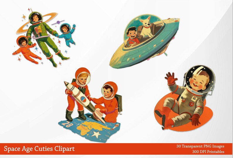 May include: A collection of vintage-style space-themed clipart images. The illustrations feature astronauts, a rocket, a UFO with a dog, and children in space suits. The color palette includes orange, green, blue, and yellow. The bottom of the image has the text "Space Age Cuties Clipart".
