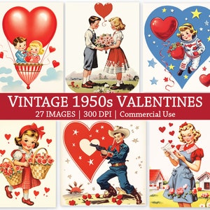 Vintage 1950s San Valentín Ilustraciones Imágenes Retro Tarjeta de Felicitación Imprimible Descarga Digital Instantánea Kitsch Ephemera Valentines PNG
