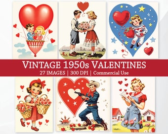 Vintage 1950er Jahre Valentinstag Illustrationen Bilder Retro Grußkarte Printable Sofortiger digitaler Download Kitsch Ephemera Valentines PNG