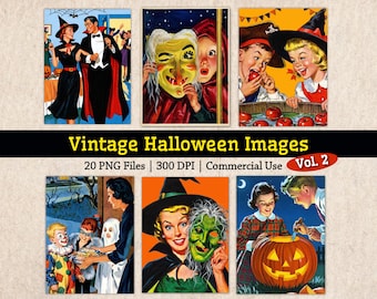 Ensemble d'images vintage d'Halloween en banlieue, impressions d'art rétro PNG, clipart « Des bonbons ou un sort » des années 1950-1960, collage imprimable pour journal créatif et effrayant