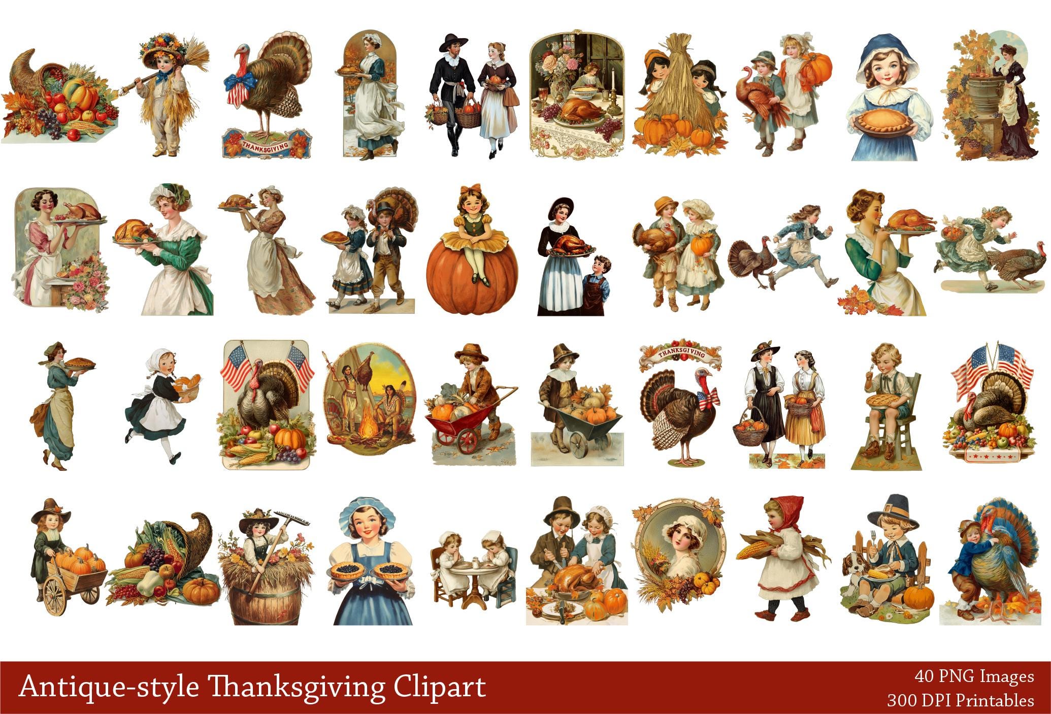 40 High-quality Vintage Thanksgiving Clipart Bundle, Retro Antique ...