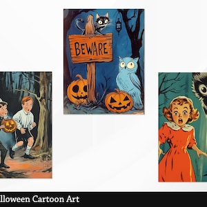 May include: Three vintage Halloween cartoon illustrations. The first shows two children in a forest with a ghost. The second shows a black cat, an owl, and pumpkins with the word "Beware" on a sign. The third shows a girl in a red dress with an owl behind her.